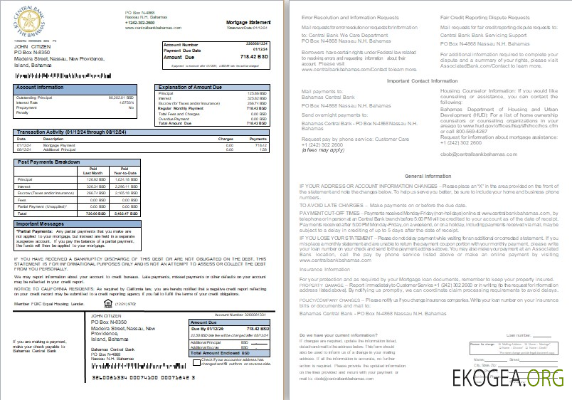 Relevé hypothécaire de la Banque centrale des Bahamas, 2 pages, 1, 2 scr